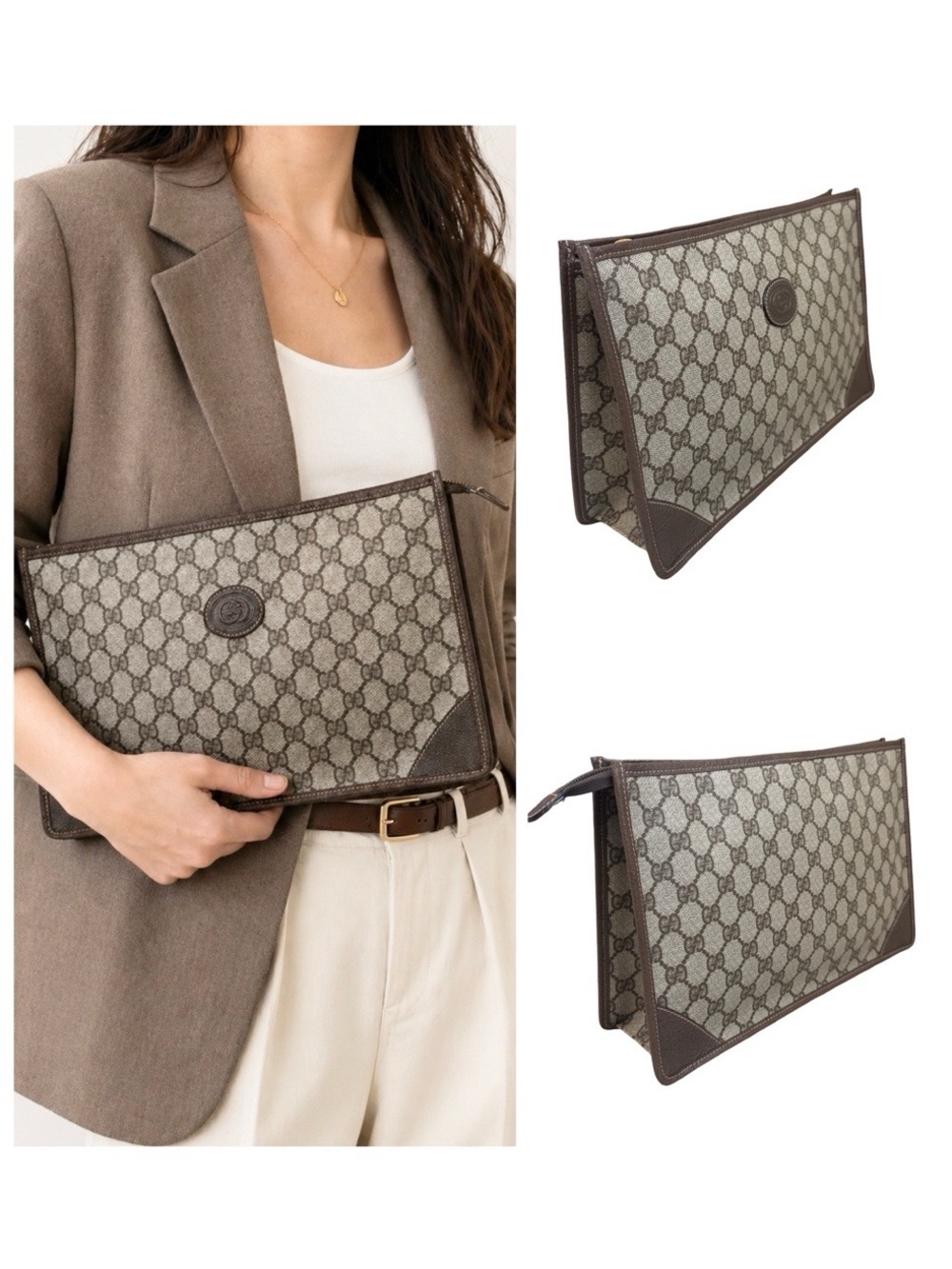 Gucci Brown GG Monogram Canvas Toiletry Pouch with Leather Trim
